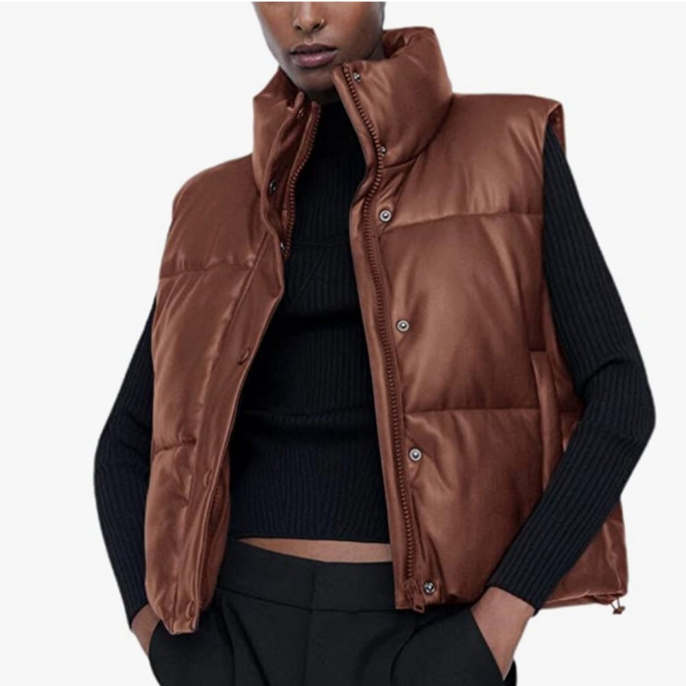Uaneo Womens PU Leather Cropped Puffer Vest Winter Faux Leather Zip Up Sleeveles